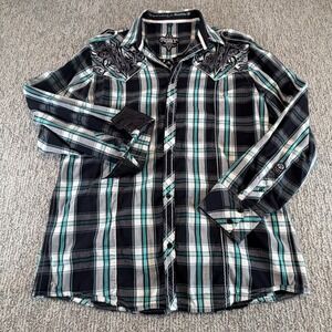 Roar Button Down Shirt Men XL Teal Black Plaid Realm Buckle Embroidered Western